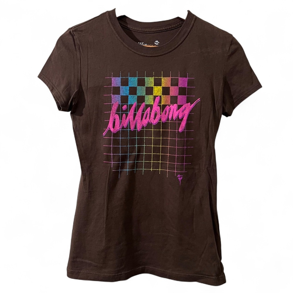 Billabong Brown Graphic Tee‎ Womens L Rainbow Grid Surf Skate Y2K Logo T-Shirt